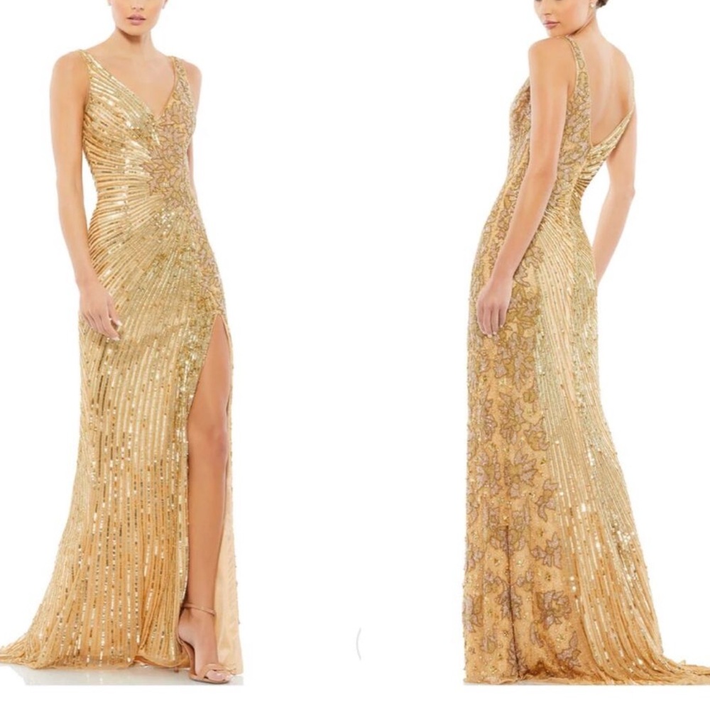 Mac Duggal 5473 Gold High Slit Embellished Sequins V Neck VBack Sleeveless Dress